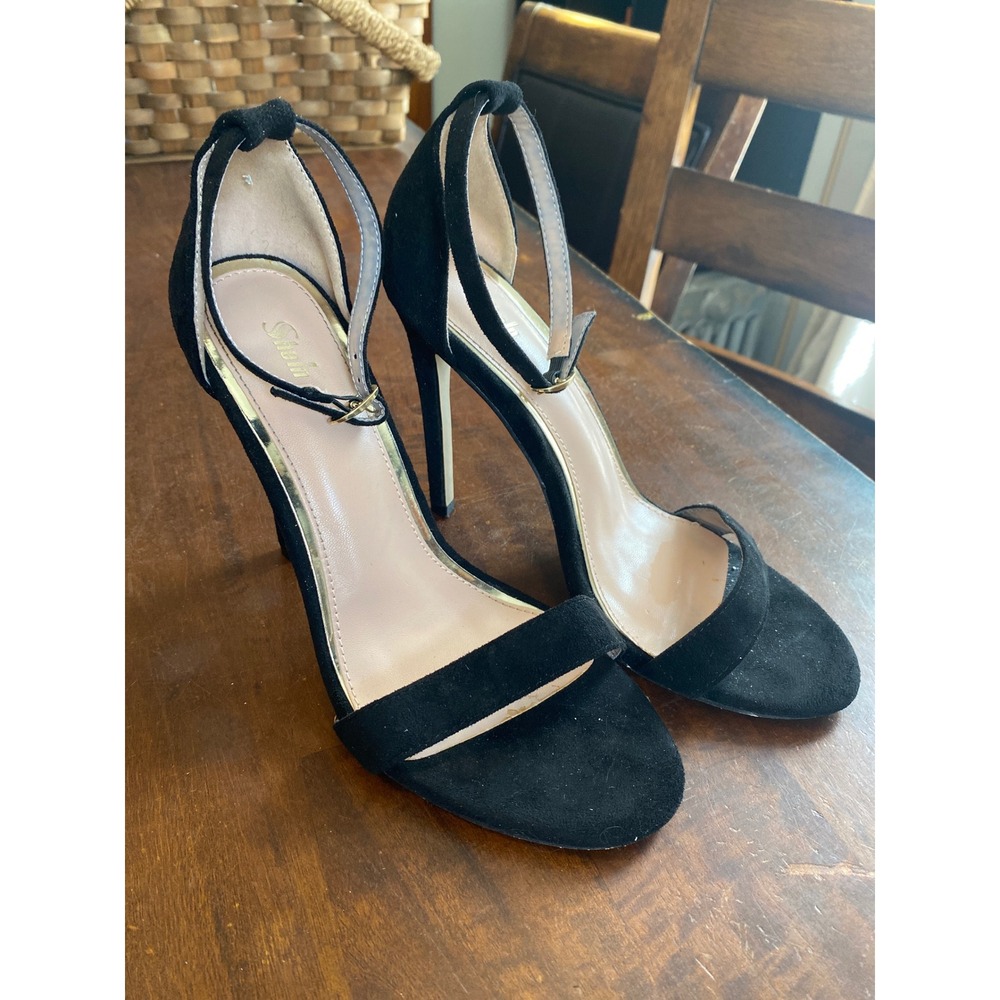 SheIn Black Faux Suede Stiletto Ankle Strap Heels Size 39 Open Toe Sandals